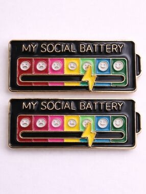My Social Battery Enamel Pin Funny Introvert Mood Pin Set (Set of 2) Black